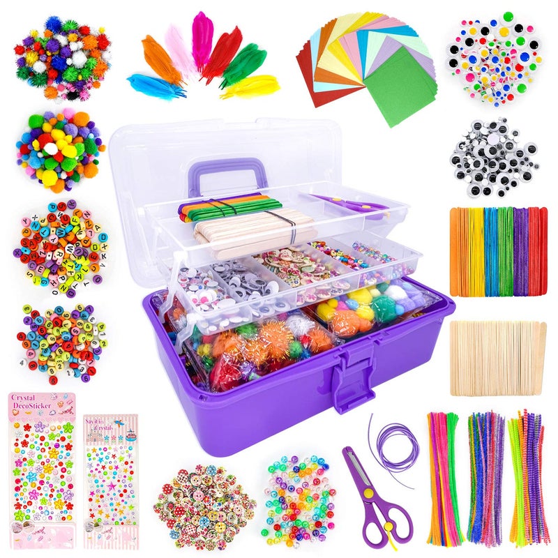 kortes Jumbo Art and Craft Supplies for Kids, Toddler DIY Craft Art Supply Set Included Pipe Cleaners, Pom Poms, Feather, Folding Storage Box - All in One for Craft DIY Art Supplies (Purple) - Image 1